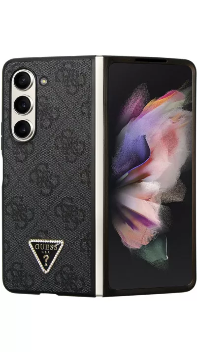 Coque Samsung Galaxy Z Fold5 - Guess monogramme similicuir logo métal et strass - Noir