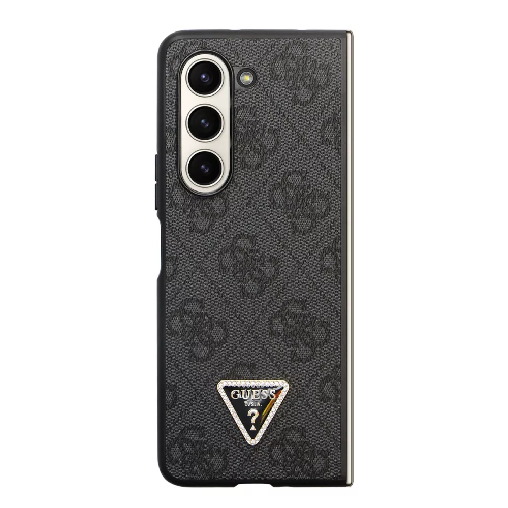 Coque Samsung Galaxy Z Fold5 - Guess monogramme similicuir logo métal et strass - Noir