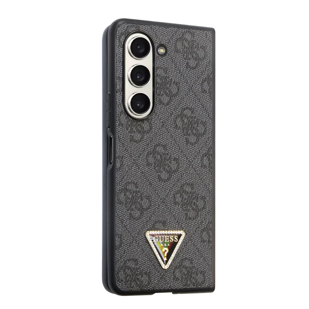 Coque Samsung Galaxy Z Fold5 - Guess monogramme similicuir logo métal et strass - Noir