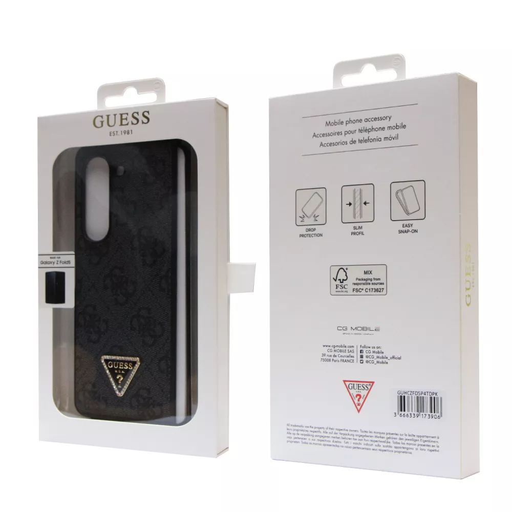 Coque Samsung Galaxy Z Fold5 - Guess monogramme similicuir logo métal et strass - Noir