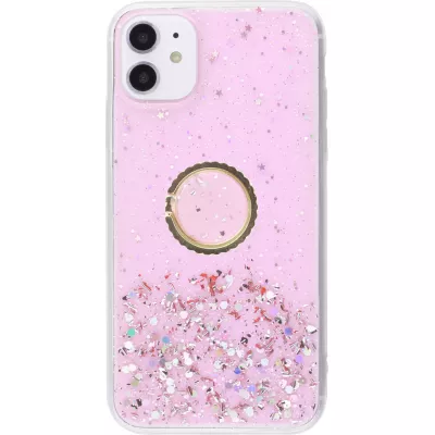 Hülle iPhone 12 / 12 Pro - Gummi silberner Pailletten mit Ring - Rosa