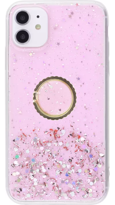 Coque iPhone 12 / 12 Pro - Gel paillettes argentées avec anneau - Rose