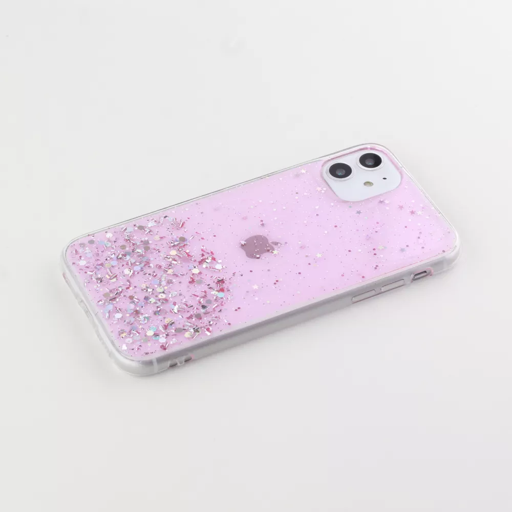 Coque iPhone 12 / 12 Pro - Gel paillettes argentées avec anneau - Rose