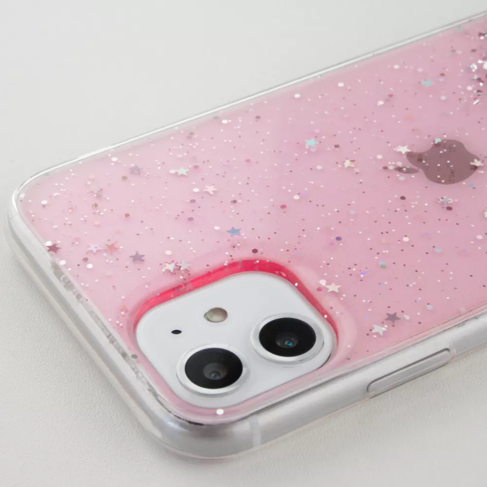 Coque iPhone 12 / 12 Pro - Gel paillettes argentées avec anneau - Rose
