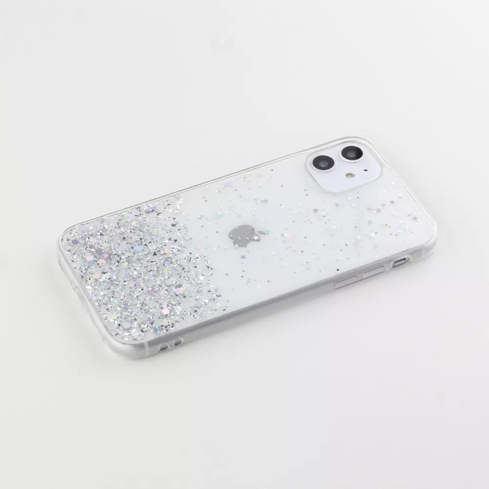 Coque iPhone XR - Gel paillettes argentées avec anneau - Transparent