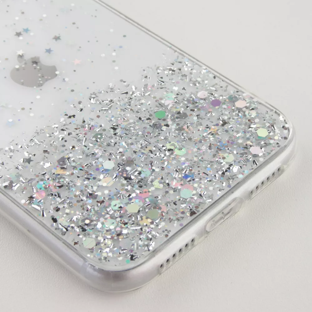 Coque iPhone XR - Gel paillettes argentées avec anneau - Transparent
