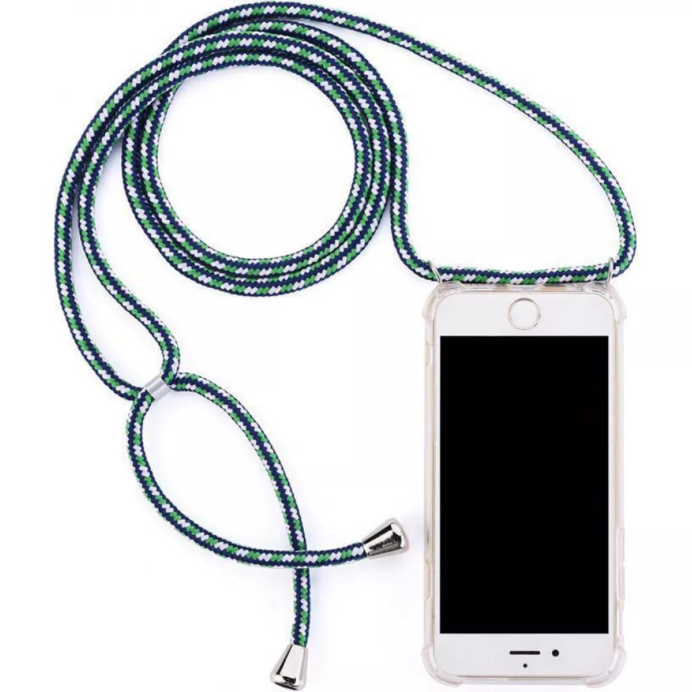Coque iPhone 17e / 16e - Gel transparent avec lacet vert - Bleu