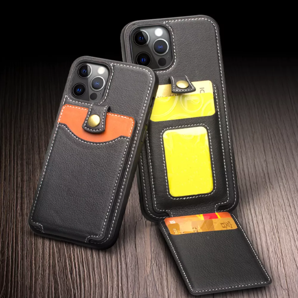 Hülle iPhone 13 Pro Max - Qialino Wallet Kartenhalter Echtleder - Schwarz
