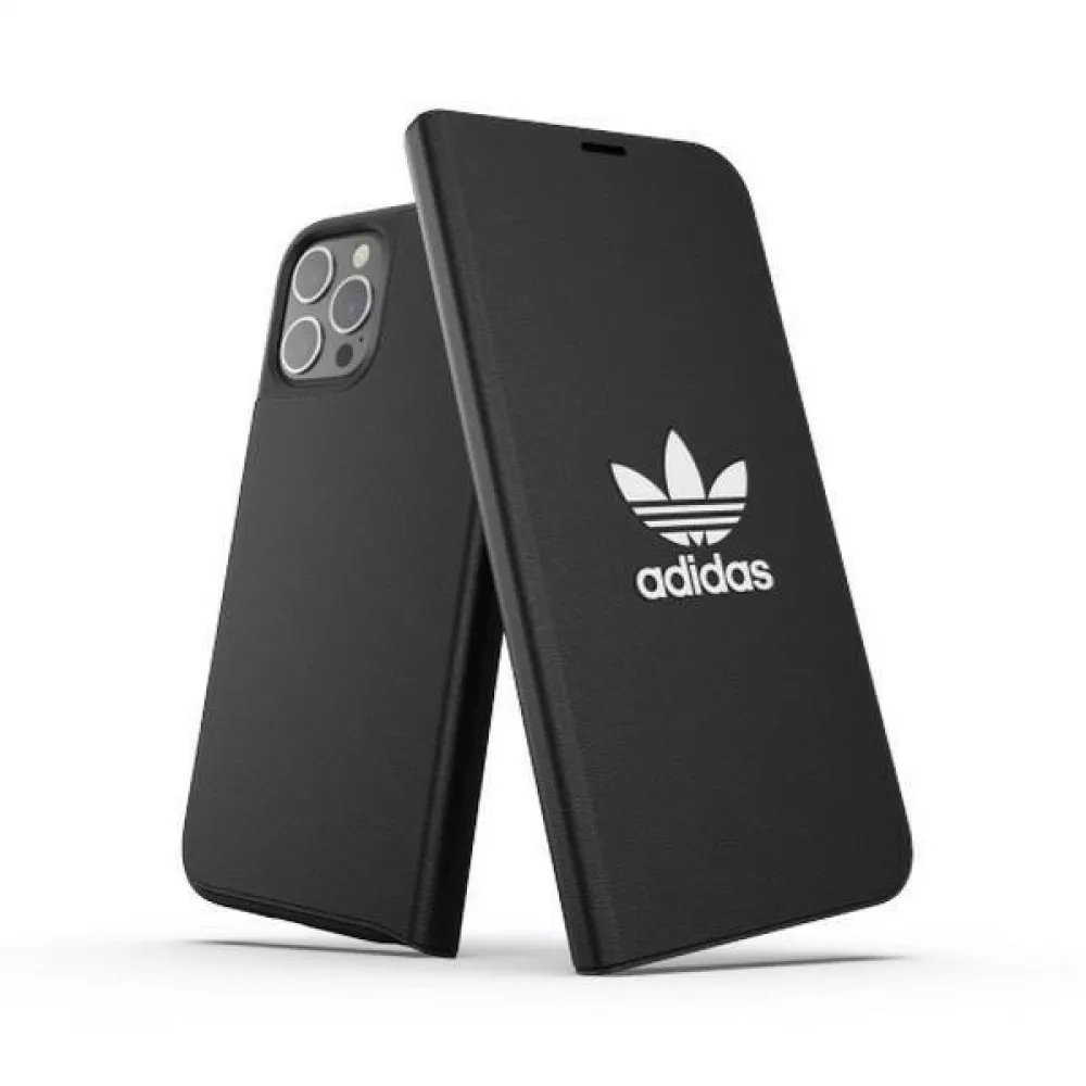 iPhone 12 Pro Max Case Hülle - Adidas Flip Kunstleder mit geprägtem weißem Logo - Schwarz