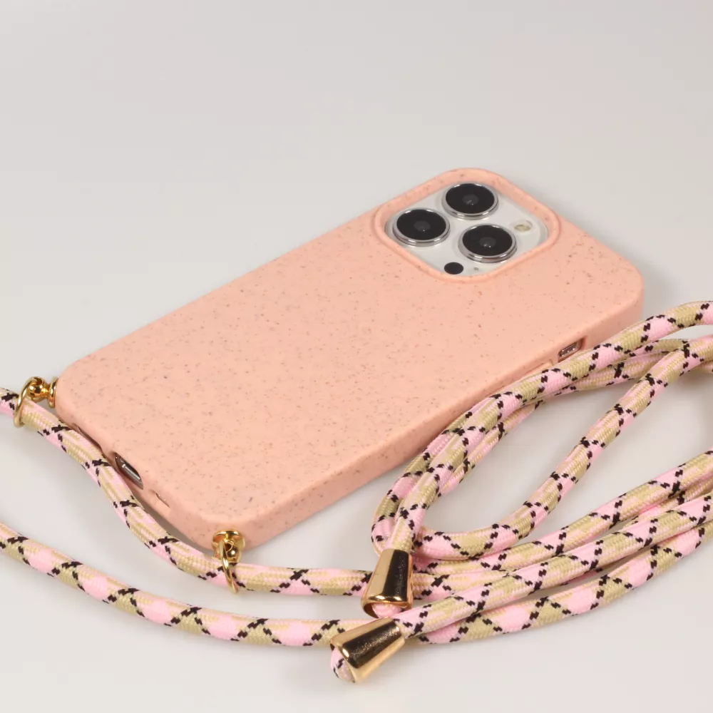 Coque iPhone 15 Pro - Bio Eco-Friendly nature avec cordon collier - Rose
