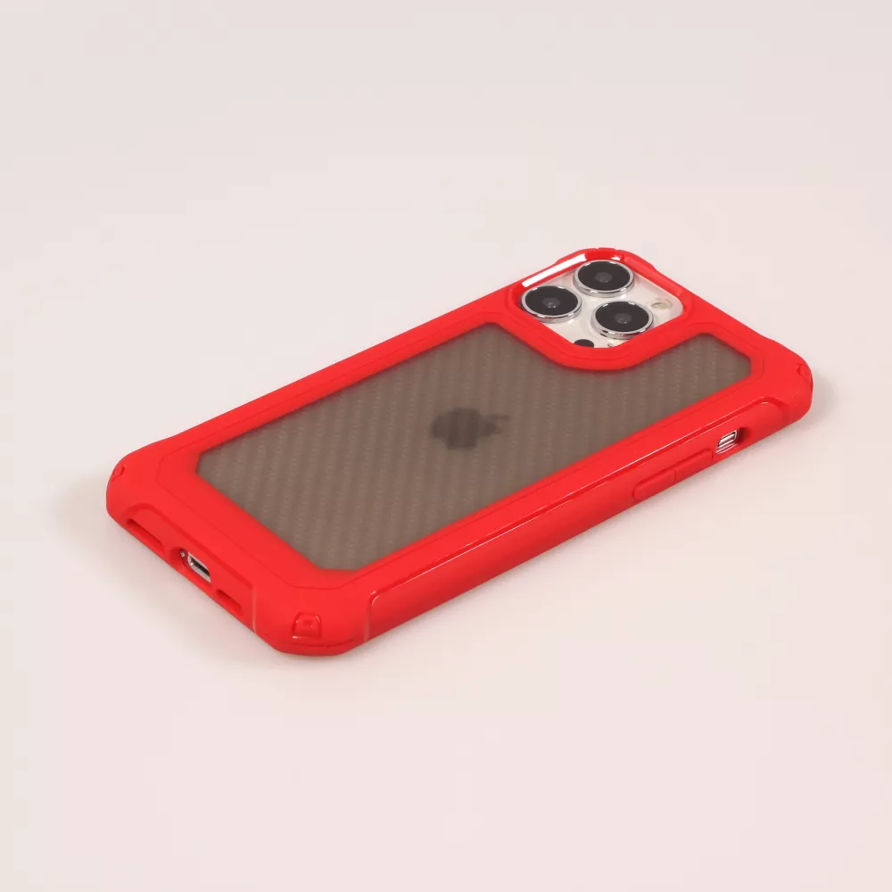 Coque iPhone 14 Pro Max - Cover Military Élite avec dos en carbone semi-transparent - Rouge