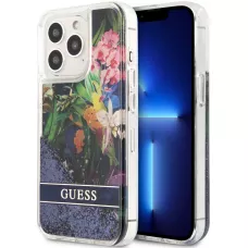 iPhone 13 Pro Case Hülle - Guess Flüssigkeit mit schwebenden blauen Pailletten und tropischen Blumen Hintergrund