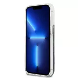 iPhone 13 Pro Case Hülle - Guess Flüssigkeit mit schwebenden blauen Pailletten und tropischen Blumen Hintergrund