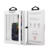 iPhone 13 Pro Case Hülle - Guess Flüssigkeit mit schwebenden blauen Pailletten und tropischen Blumen Hintergrund
