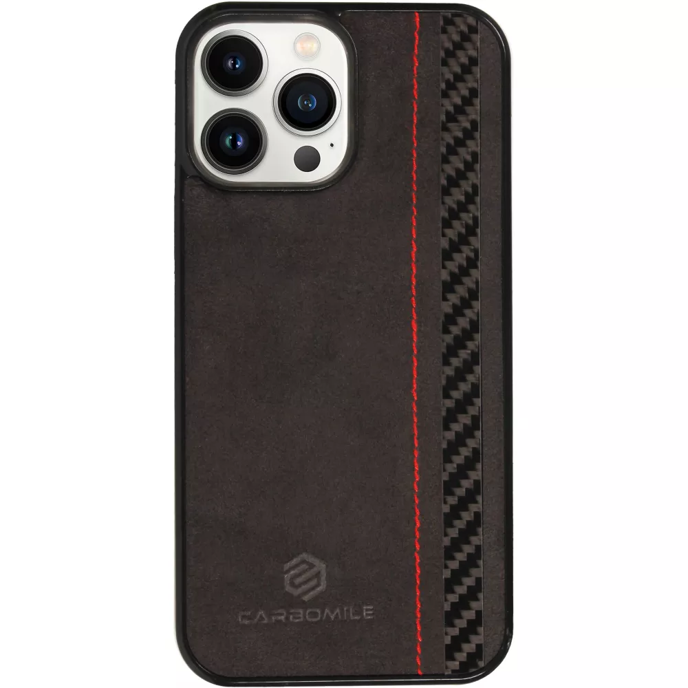 iPhone 14 Pro Case Hülle - Carbomile Alcantara und Carbon mit roten Nähten (MagSafe kompatibel)