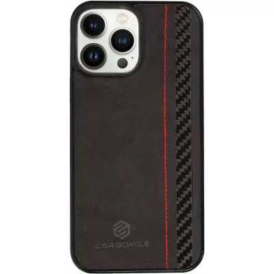 iPhone 15 Pro Case Hülle - Carbomile Alcantara und Carbon mit roten Nähten (MagSafe kompatibel)