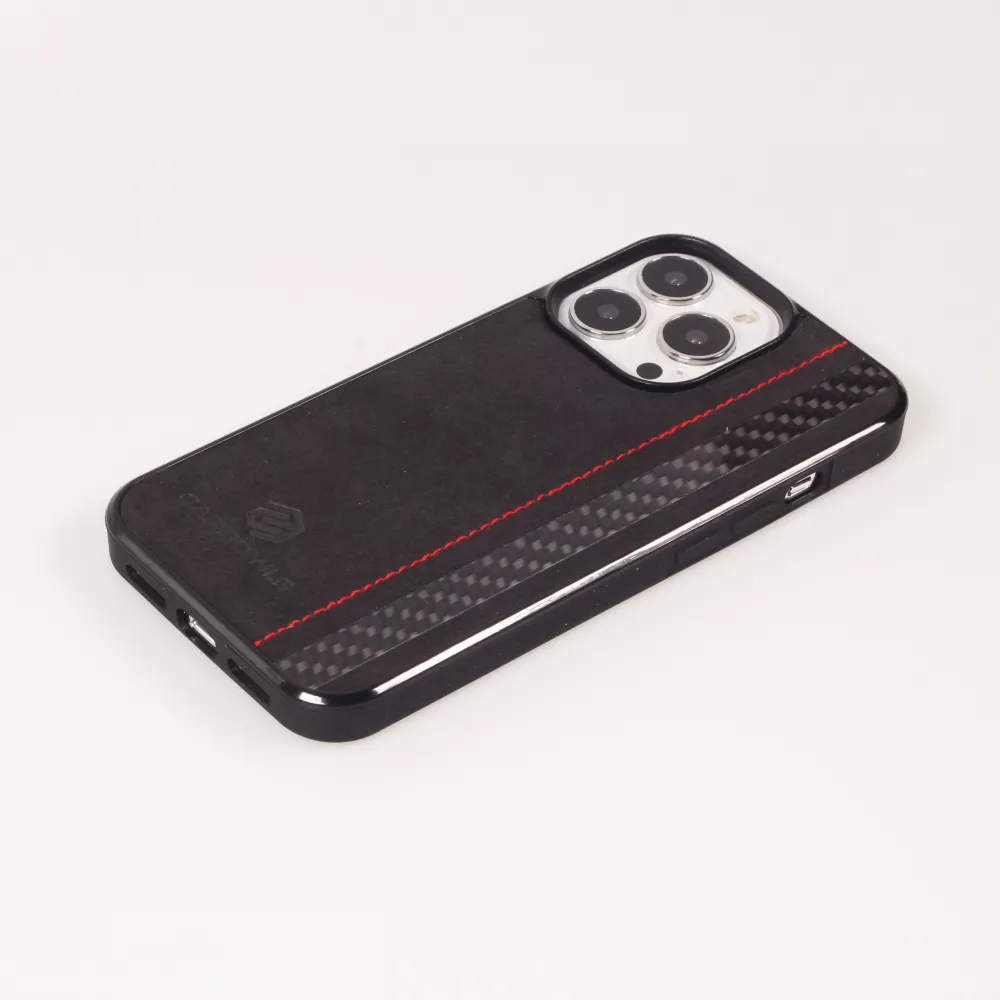 iPhone 14 Pro Case Hülle - Carbomile Alcantara und Carbon mit roten Nähten (MagSafe kompatibel)