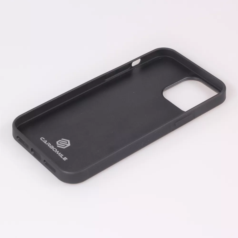 iPhone 14 Pro Case Hülle - Carbomile Alcantara und Carbon mit roten Nähten (MagSafe kompatibel)