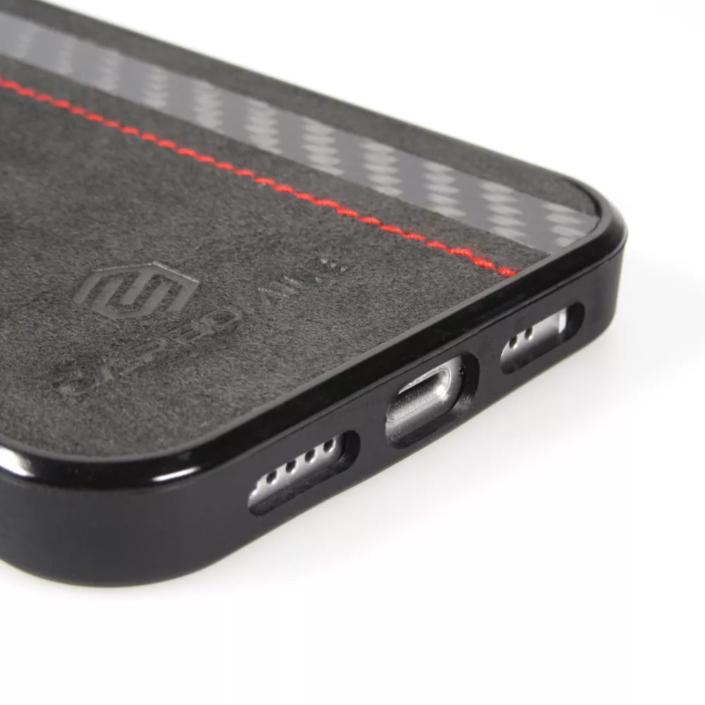 iPhone 14 Pro Case Hülle - Carbomile Alcantara und Carbon mit roten Nähten (MagSafe kompatibel)