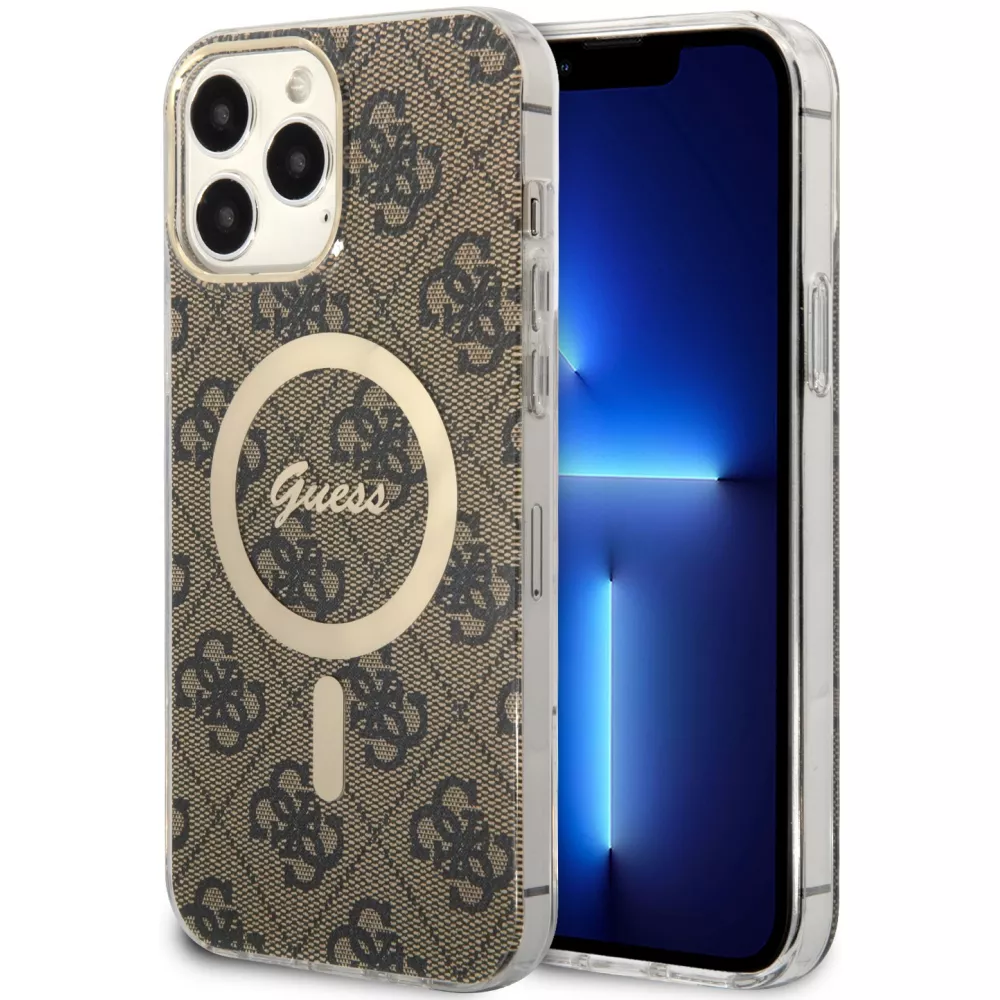 iPhone 13 Pro Max Case Hülle - Guess Monogramm lackiert mit goldenem MagSafe - Braun