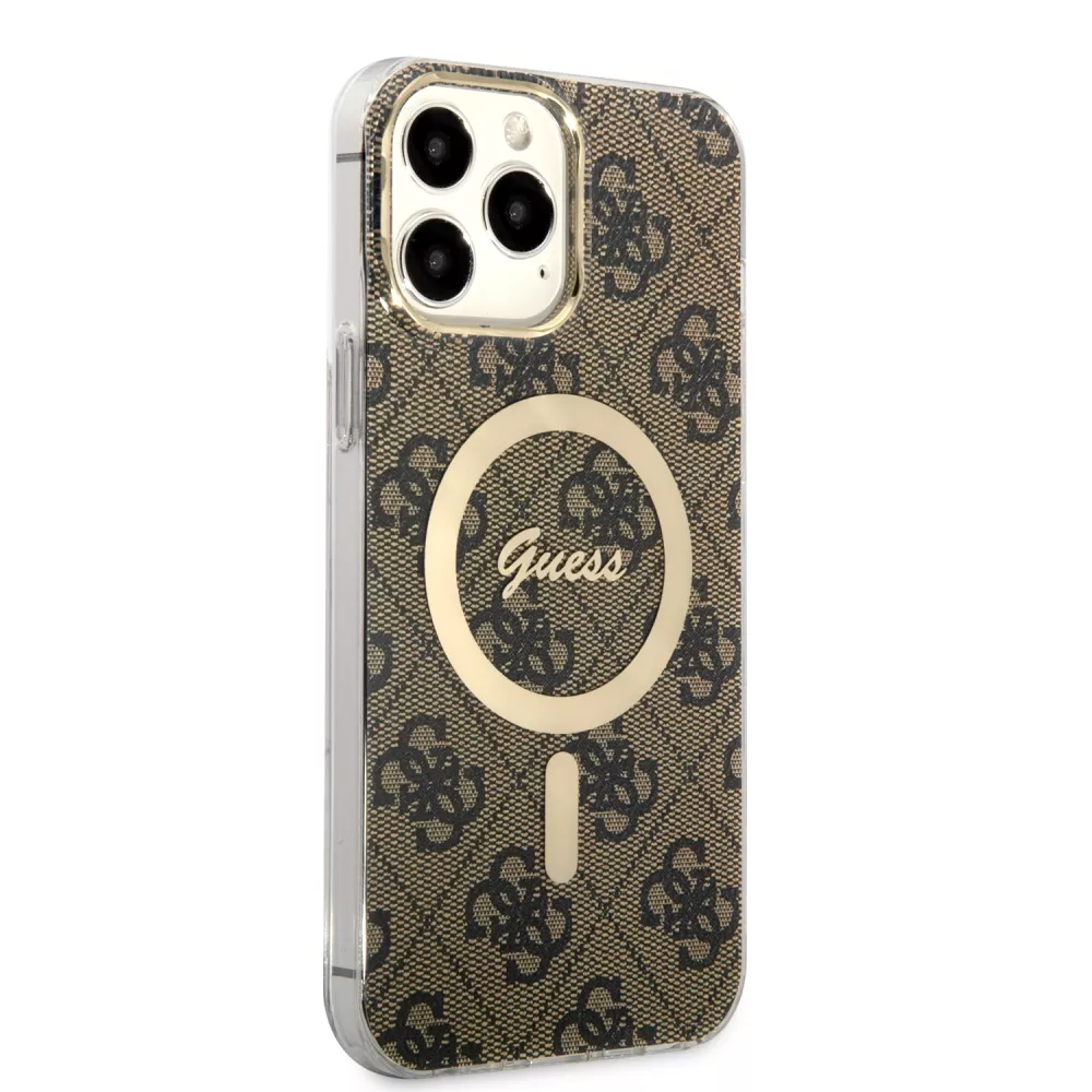 iPhone 13 Pro Max Case Hülle - Guess Monogramm lackiert mit goldenem MagSafe - Braun