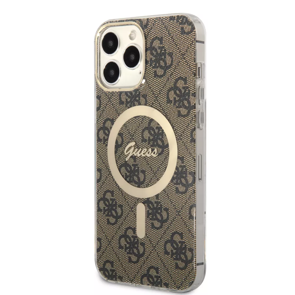 iPhone 13 Pro Max Case Hülle - Guess Monogramm lackiert mit goldenem MagSafe - Braun