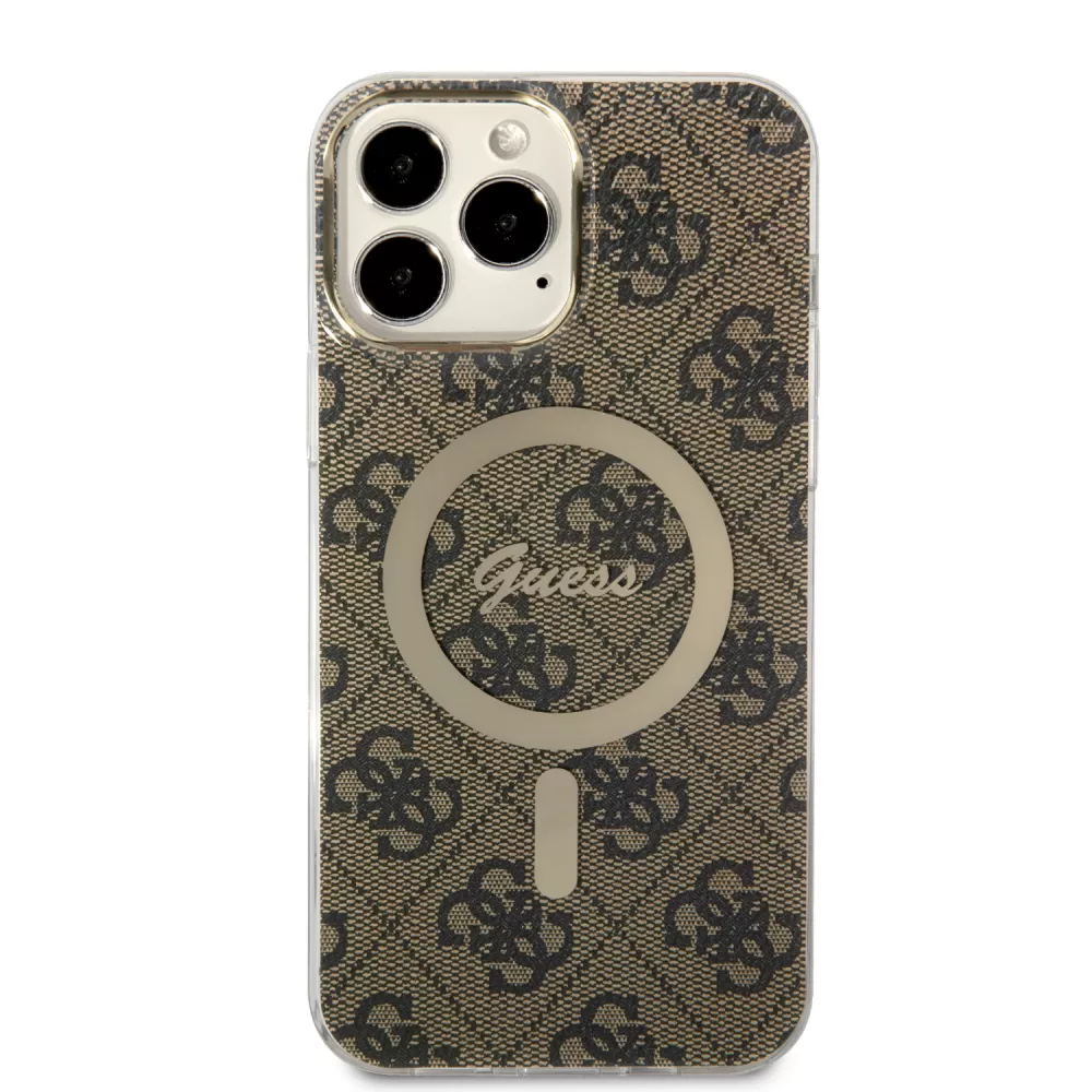 iPhone 13 Pro Max Case Hülle - Guess Monogramm lackiert mit goldenem MagSafe - Braun