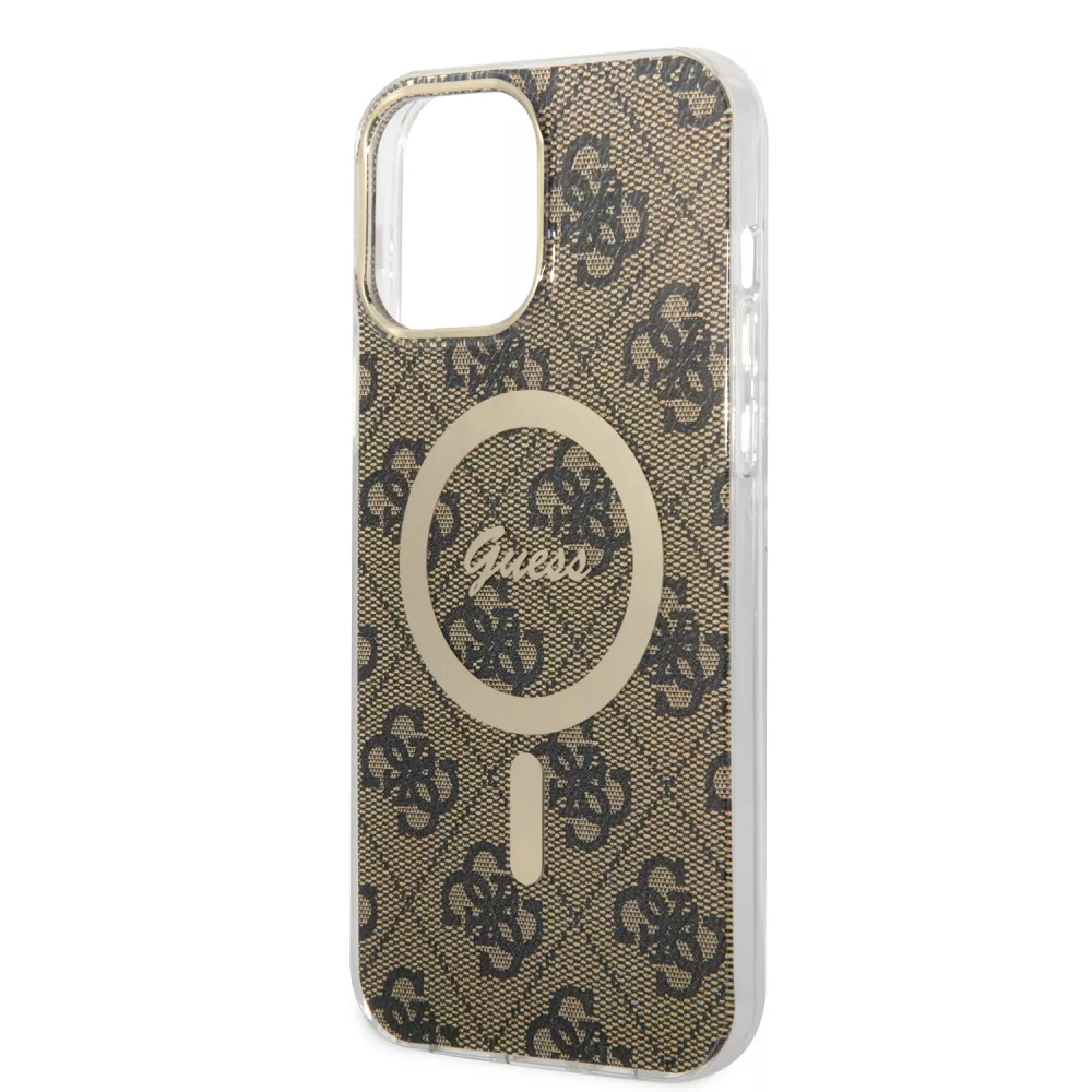 iPhone 13 Pro Max Case Hülle - Guess Monogramm lackiert mit goldenem MagSafe - Braun
