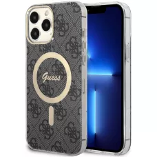 iPhone 15 Pro Case Hülle - Guess Monogramm lackiert mit goldenem MagSafe - Grau