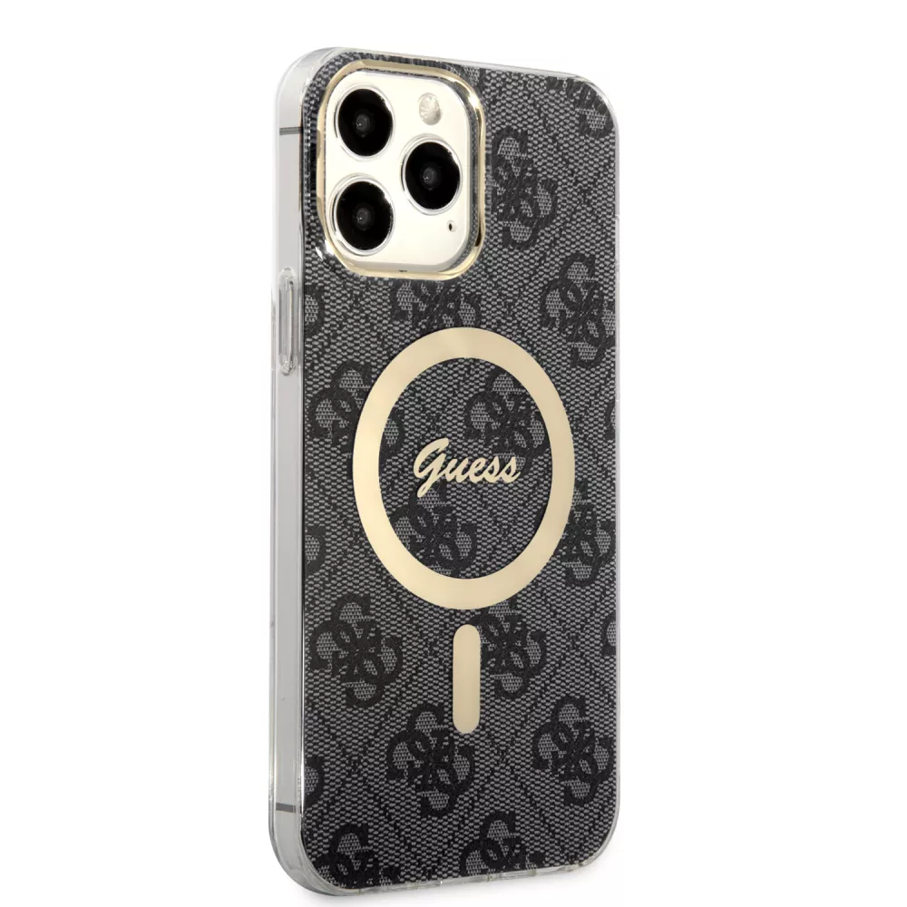 iPhone 15 Pro Case Hülle - Guess Monogramm lackiert mit goldenem MagSafe - Grau