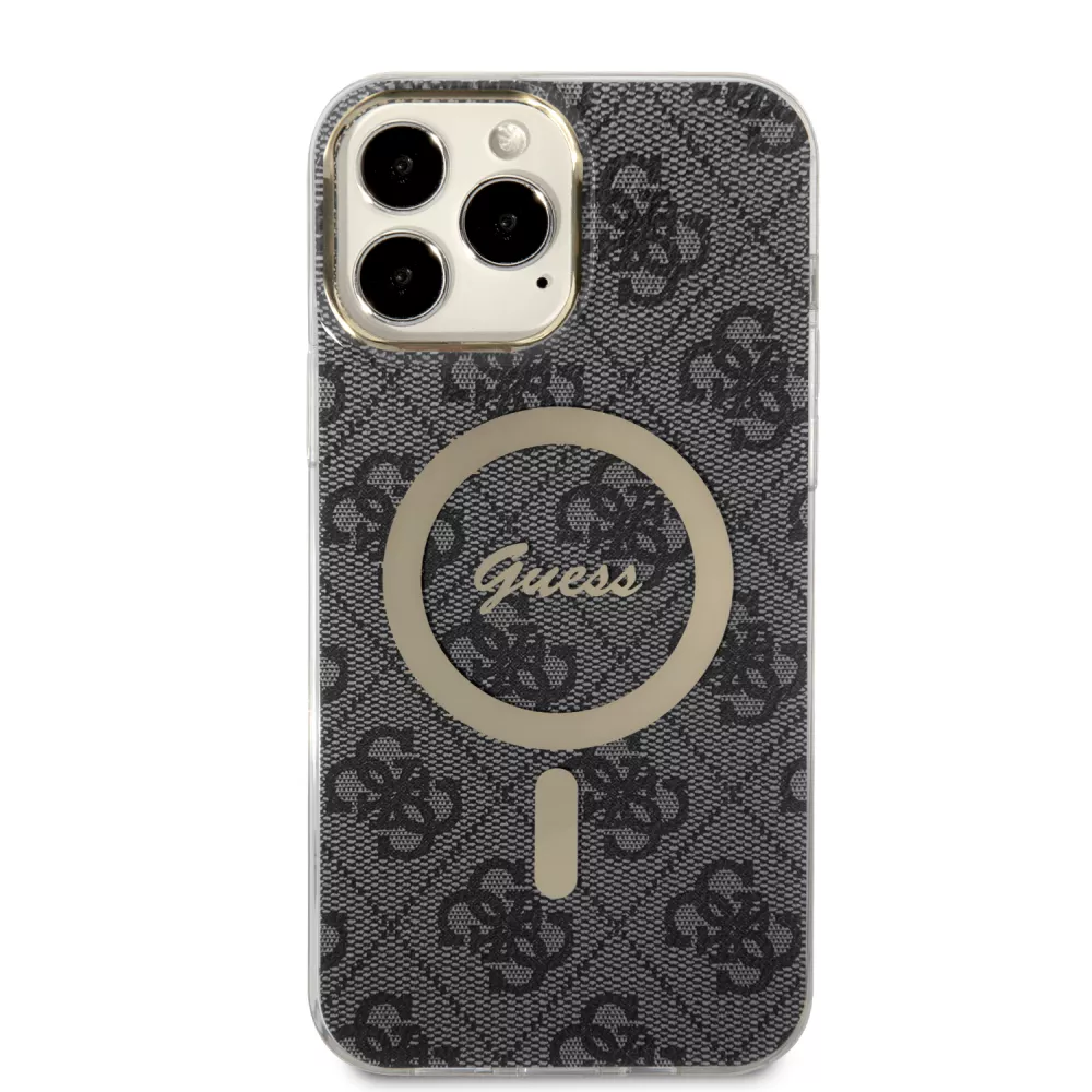 iPhone 15 Pro Case Hülle - Guess Monogramm lackiert mit goldenem MagSafe - Grau