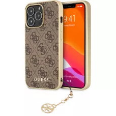 iPhone 13 Pro Max Case Hülle - Guess Leinwand Kunstleder Monogramm goldenen Metall-Logo mit Charm Anhänger - Braun / gold