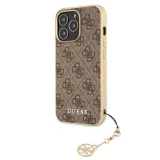iPhone 13 Pro Max Case Hülle - Guess Leinwand Kunstleder Monogramm goldenen Metall-Logo mit Charm Anhänger - Braun / gold