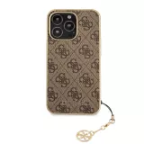 iPhone 13 Pro Max Case Hülle - Guess Leinwand Kunstleder Monogramm goldenen Metall-Logo mit Charm Anhänger - Braun / gold