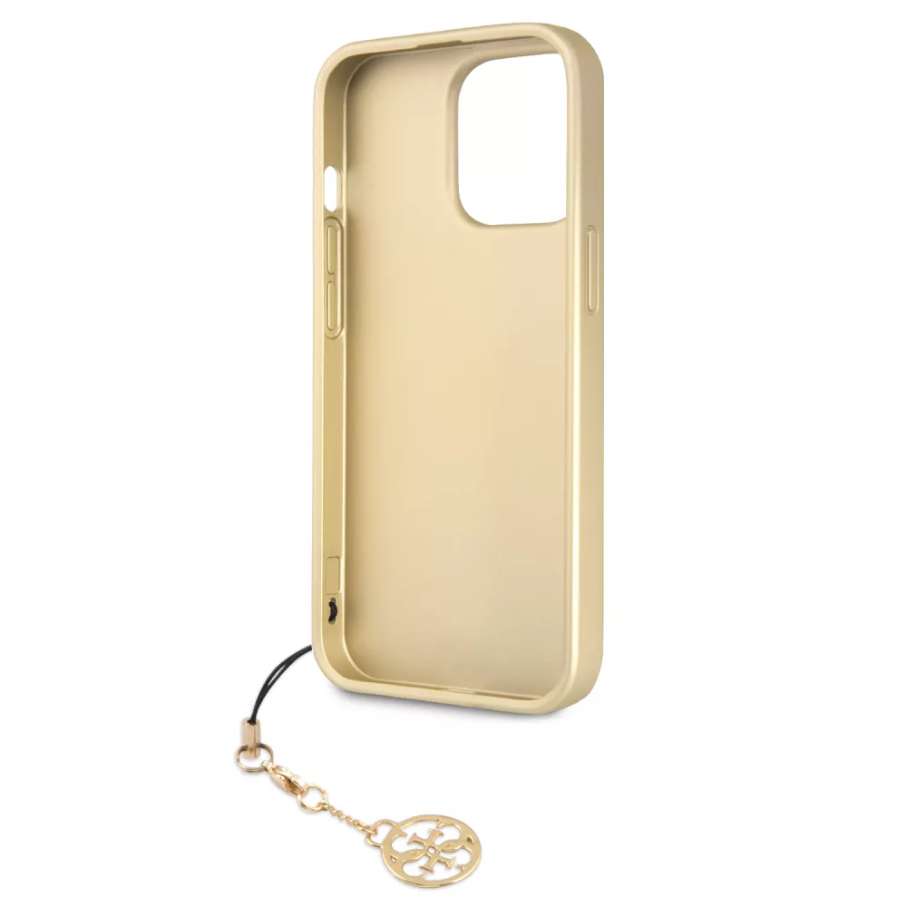 iPhone 13 Pro Max Case Hülle - Guess Leinwand Kunstleder Monogramm goldenen Metall-Logo mit Charm Anhänger - Braun / gold