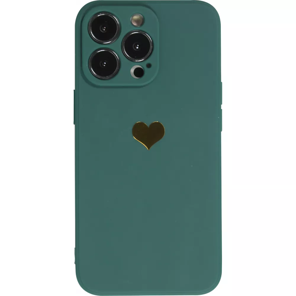 Coque iPhone 14 Pro - Silicone Mat Coeur doré - Vert foncé