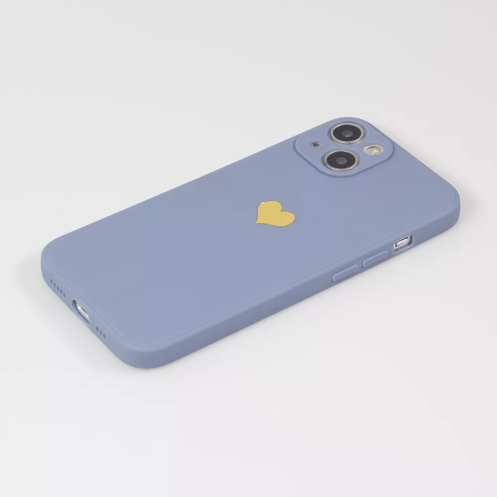 Coque iPhone 14 - Silicone Mat Coeur doré - Bleu