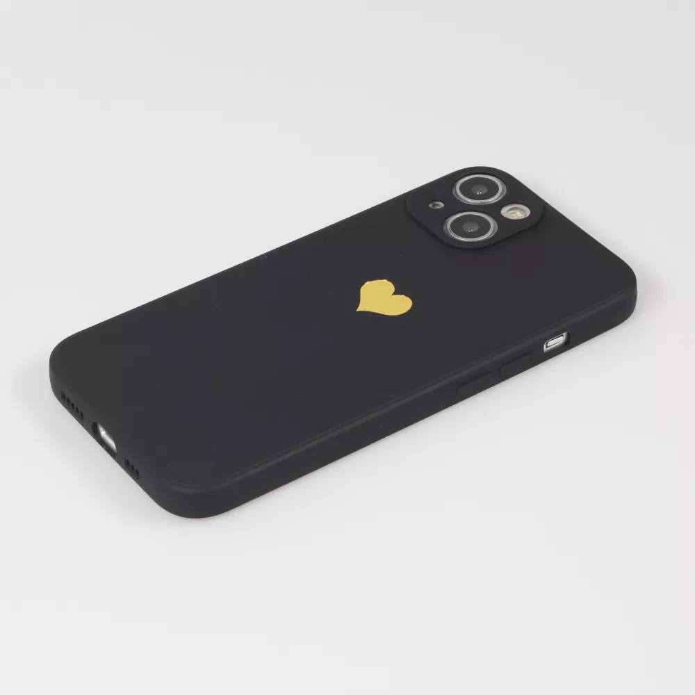 iPhone 14 Case Hülle - Silikon Mat Herz gold - Schwarz