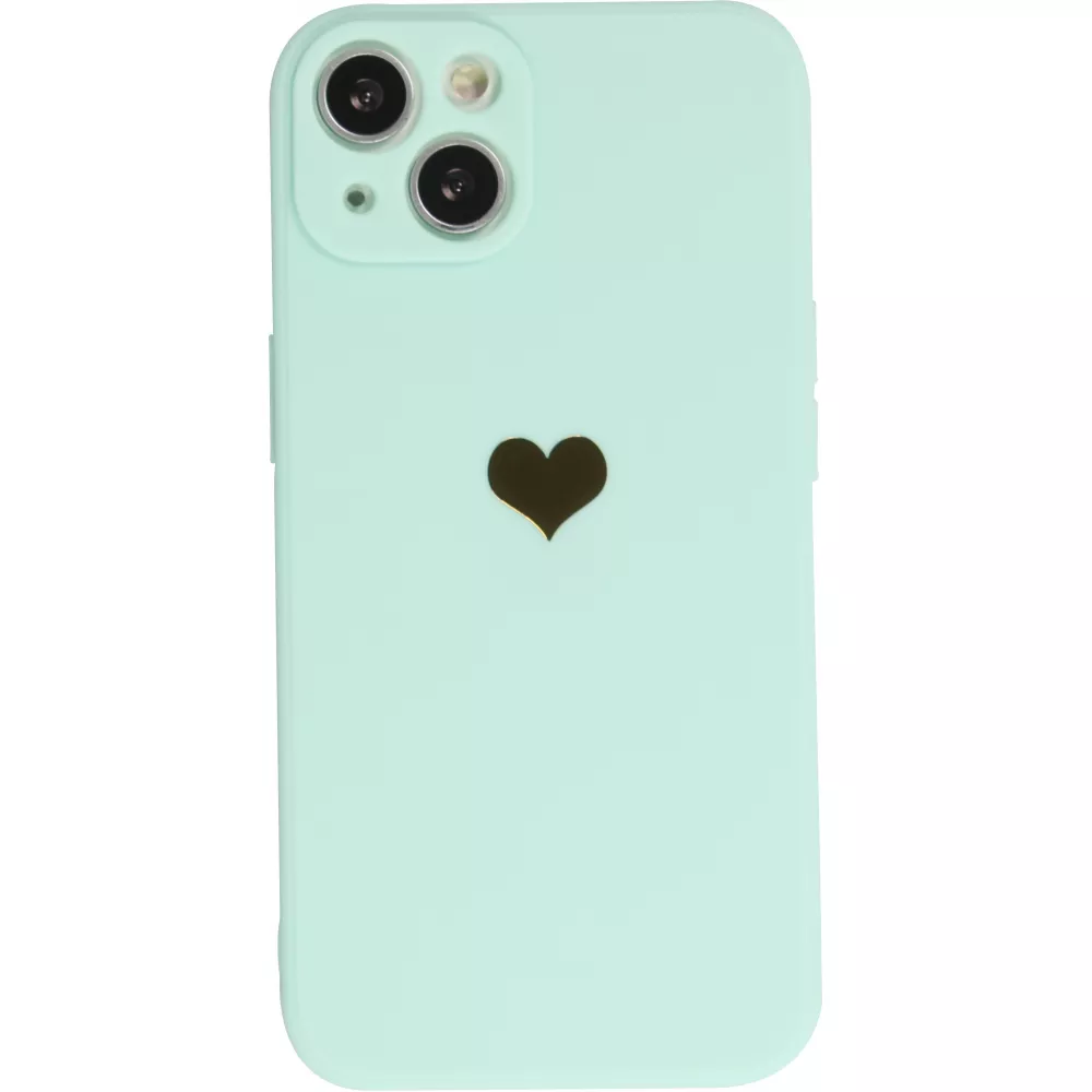 iPhone 15 Case Hülle - Silikon Mat Herz gold - Türkis