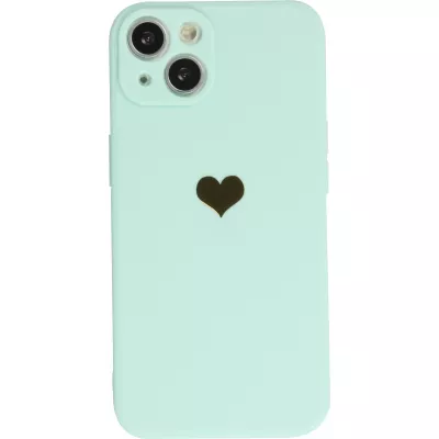 Coque iPhone 15 - Silicone Mat Coeur doré - Turquoise