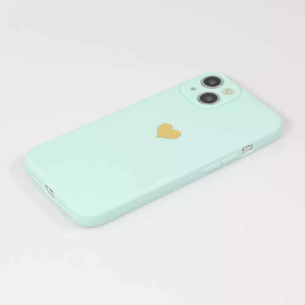 iPhone 15 Case Hülle - Silikon Mat Herz gold - Türkis