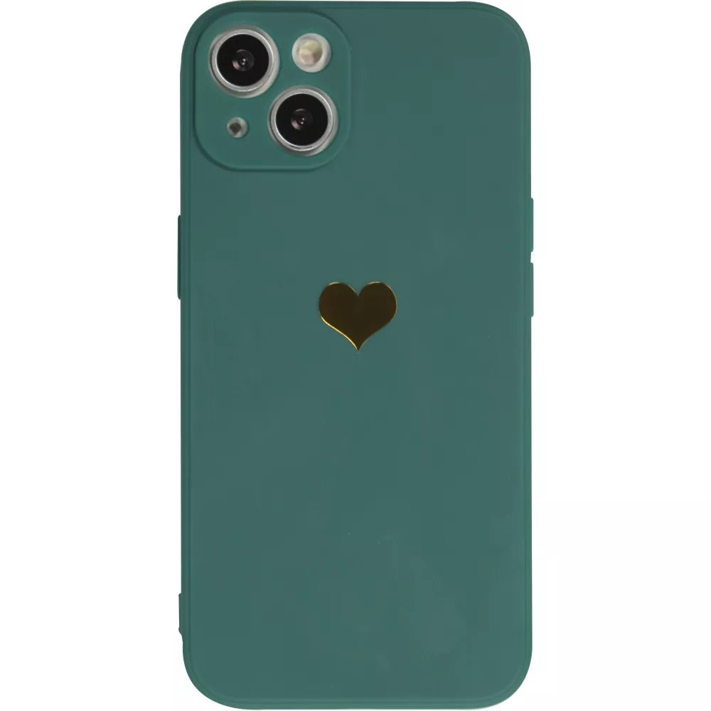 Coque iPhone 14 - Silicone Mat Coeur doré - Vert foncé
