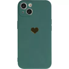 Coque iPhone 14 - Silicone Mat Coeur doré - Vert foncé