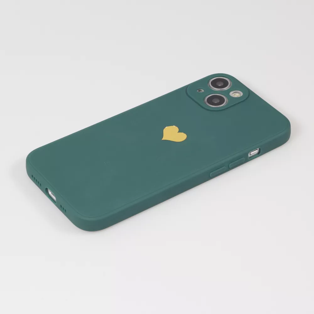 Coque iPhone 14 - Silicone Mat Coeur doré - Vert foncé