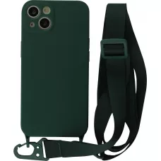 Coque iPhone 13 mini - Silicone avec lanière et crochet - Vert foncé