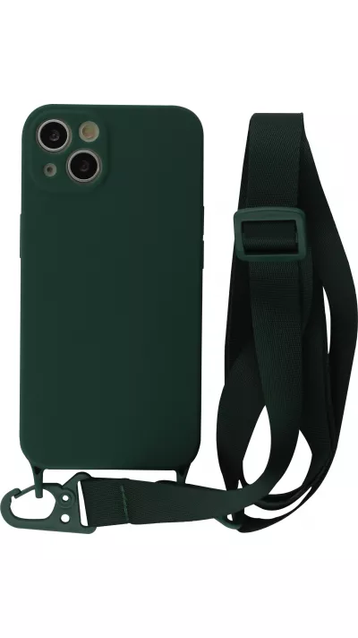 Coque iPhone 13 mini - Silicone avec lanière et crochet - Vert foncé