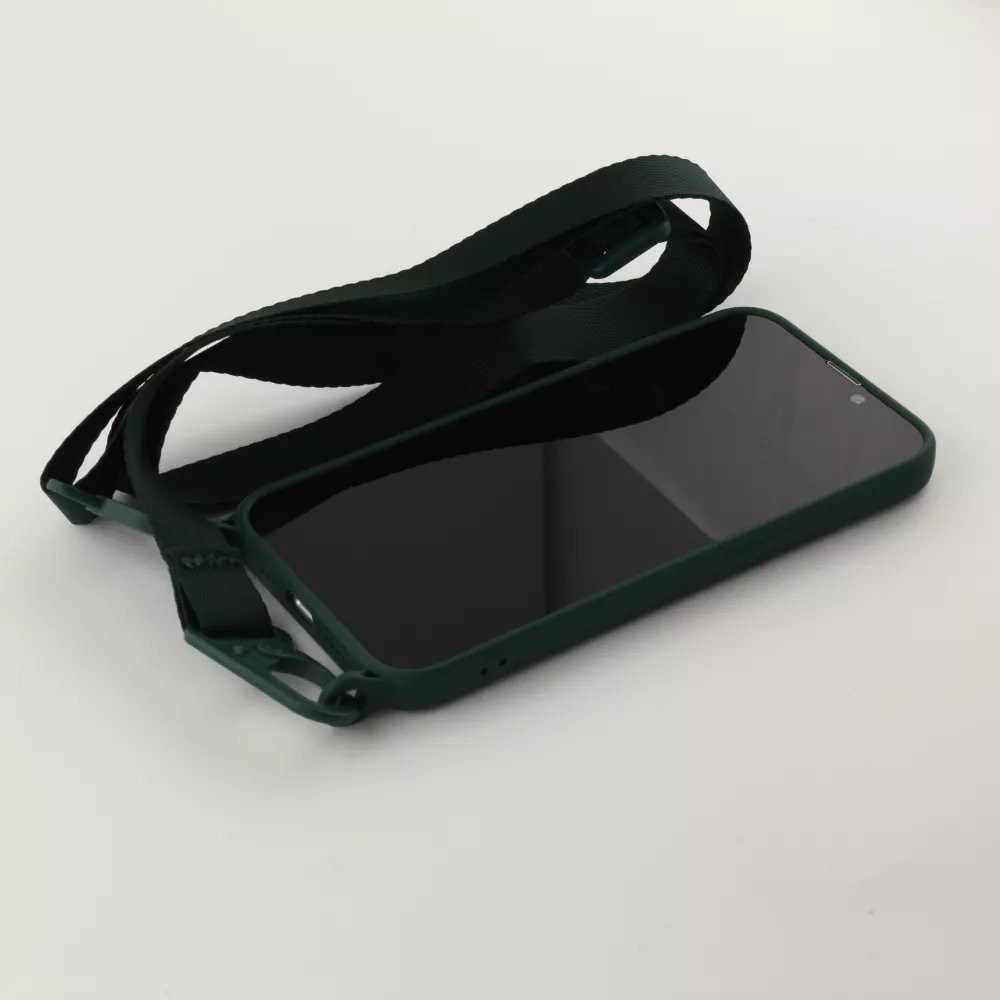 Coque iPhone 13 mini - Silicone avec lanière et crochet - Vert foncé