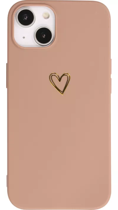 Coque iPhone 16 Plus - Silicone mat dessin cœur doré - Brun