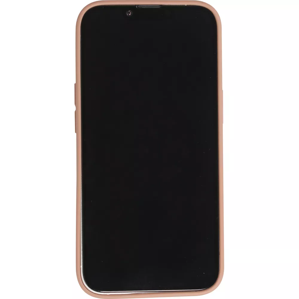 Coque iPhone 15 - Silicone mat dessin cœur doré - Brun