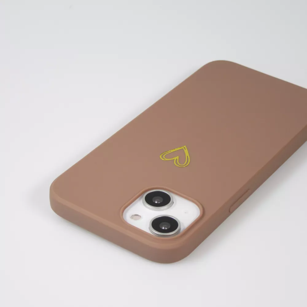 Coque iPhone 15 - Silicone mat dessin cœur doré - Brun